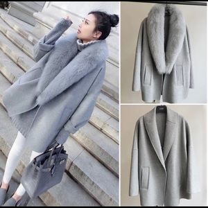 Vintage Wool Real Fox Fur Collar Loose Coat Grey